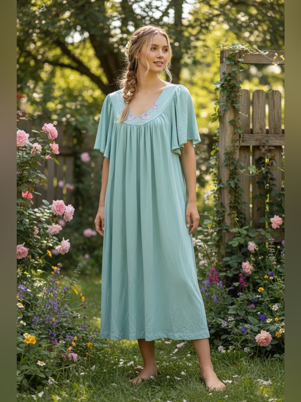 VTG Shadow Line Light Aqua Embroidered Floral Nightgown Romantic Cottage L